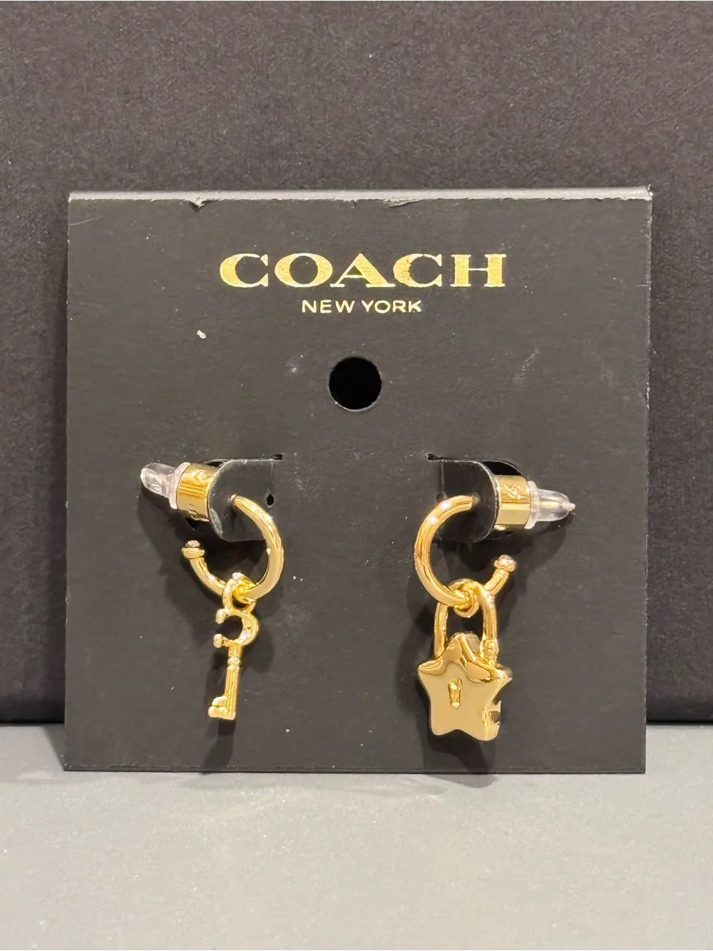 NWT Coach Gold Key & Star Lock Mismatched Mini Hoop Huggie Earrings